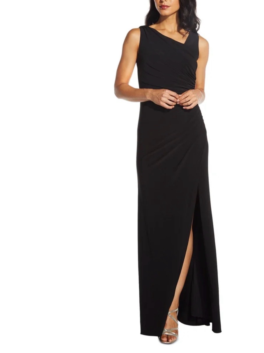 Adrianna Papell Black Sleeveless Dress Asymmetrical Neckline Evening Wrap